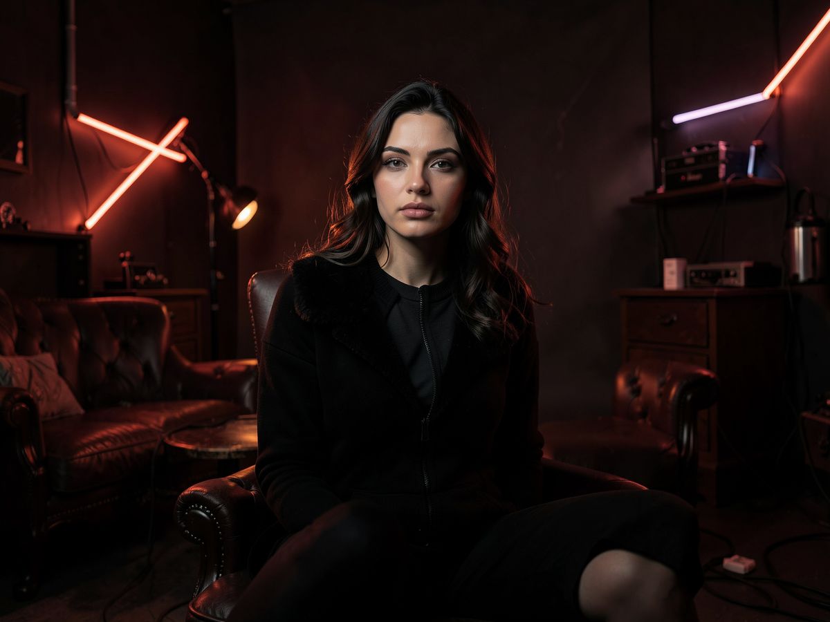 Intimate portrait studio with moody lighting and vintage furniture