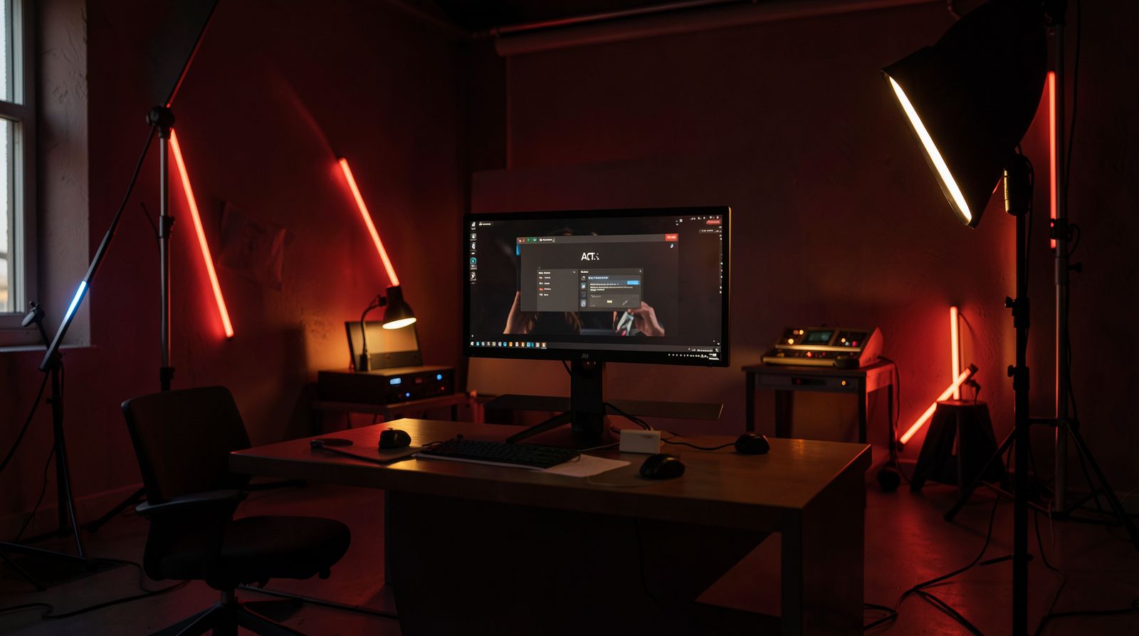 Cinematic photography studio interior with professional lighting setup